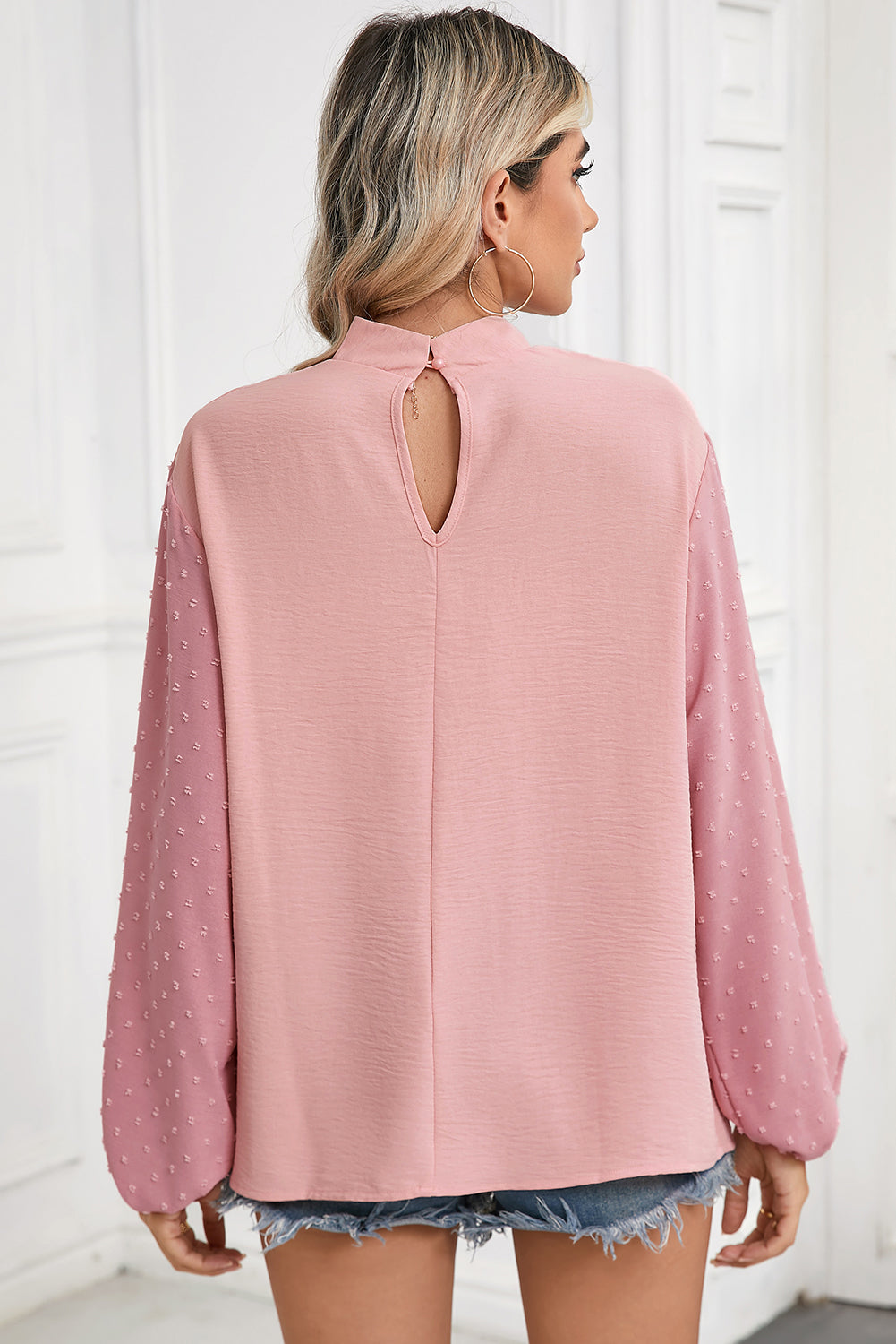 Parchment Swiss Dot Balloon Sleeve Patchwork Crinkle Blouse