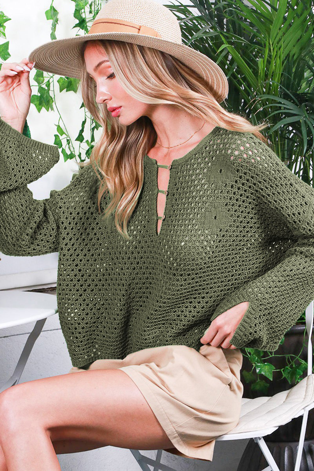 White Open Knit Buttoned Neck Split Sleeve Sweater