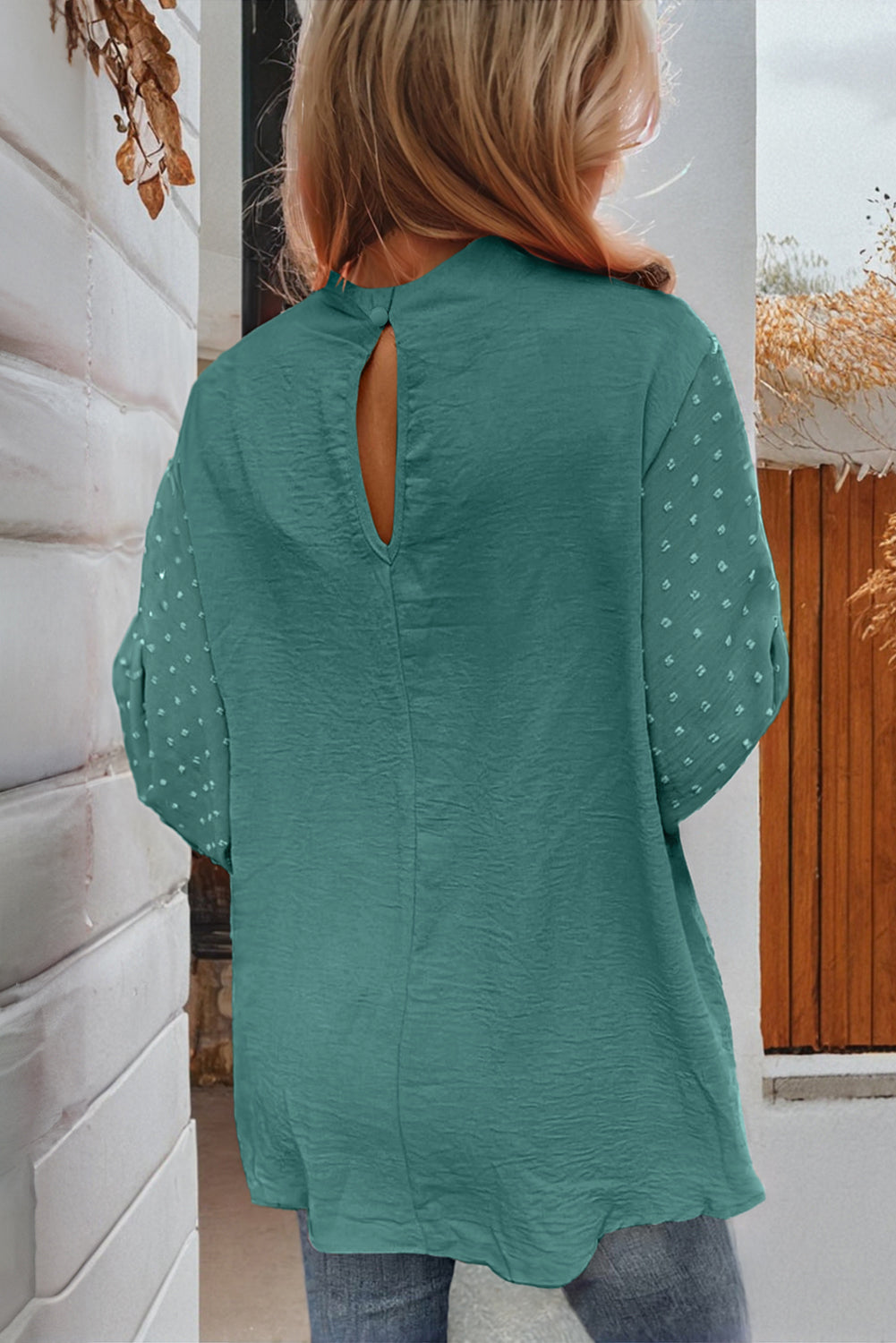 Parchment Swiss Dot Balloon Sleeve Patchwork Crinkle Blouse