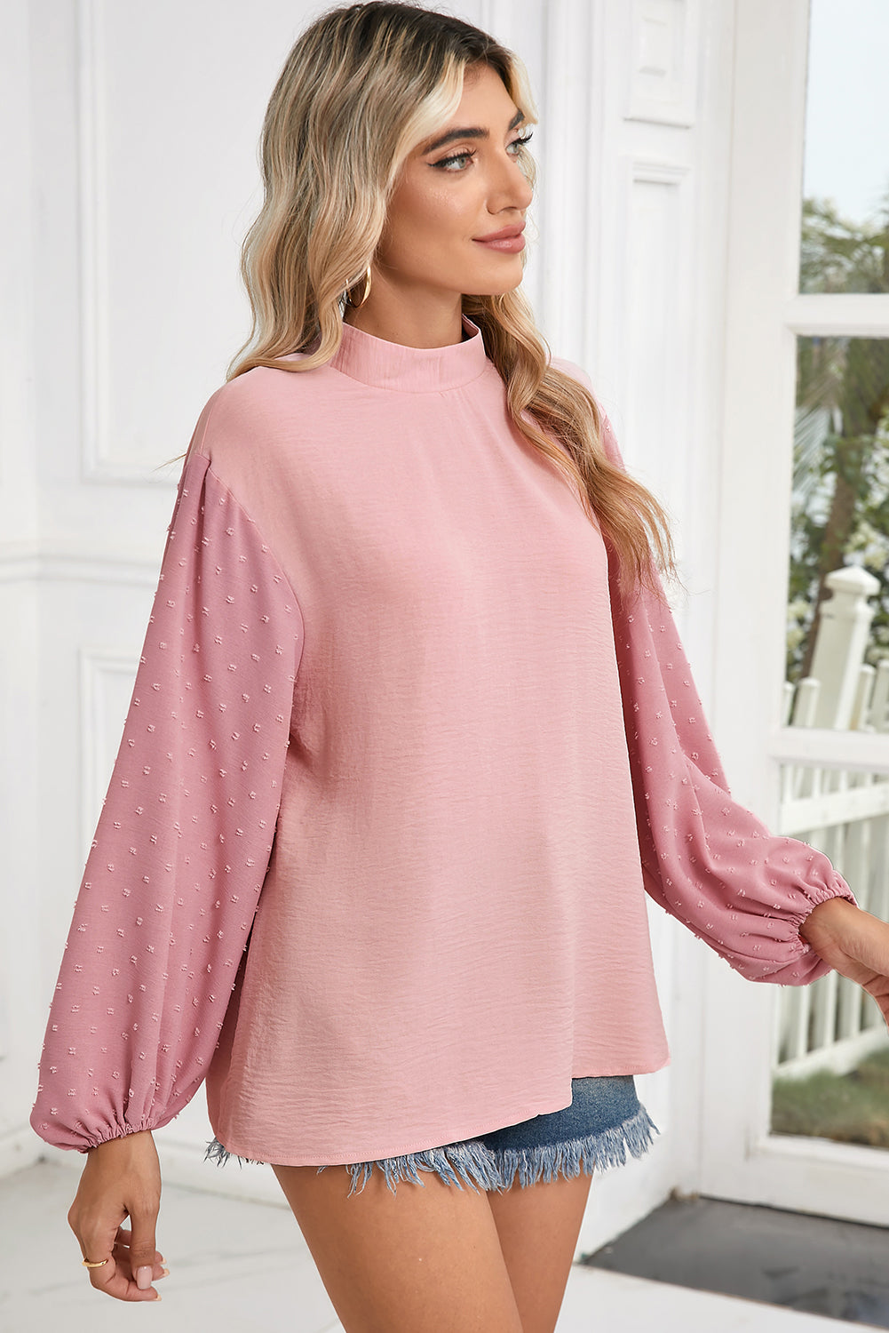 Parchment Swiss Dot Balloon Sleeve Patchwork Crinkle Blouse