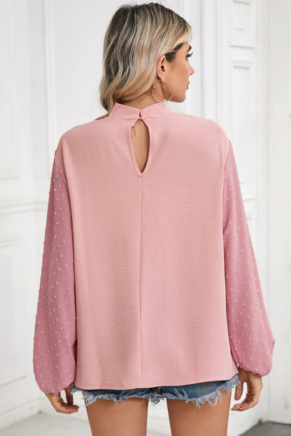 Parchment Swiss Dot Balloon Sleeve Patchwork Crinkle Blouse