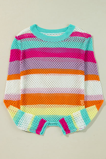 Green Colorblock Patchwork Knit Crochet Eyelet Sweater
