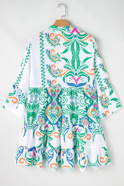 White Printed Tribal Bracelet Sleeve Buttoned Mini Dress