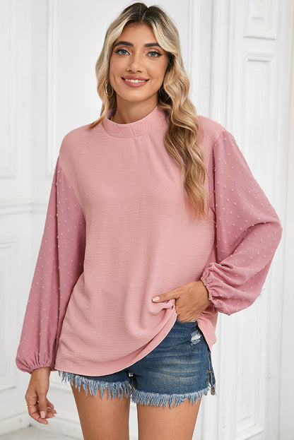 Parchment Swiss Dot Balloon Sleeve Patchwork Crinkle Blouse