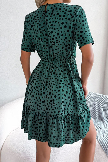 Printed Round Neck Short Sleeve Ruffled Dress