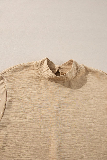 Parchment Swiss Dot Balloon Sleeve Patchwork Crinkle Blouse