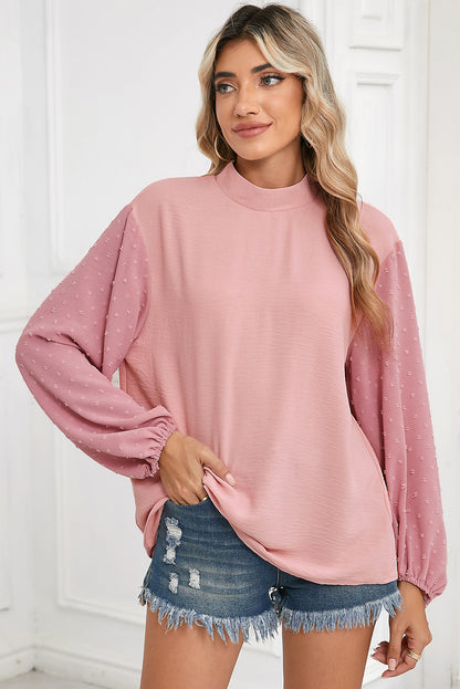 Parchment Swiss Dot Balloon Sleeve Patchwork Crinkle Blouse