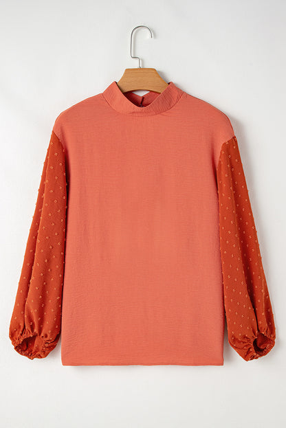 Parchment Swiss Dot Balloon Sleeve Patchwork Crinkle Blouse